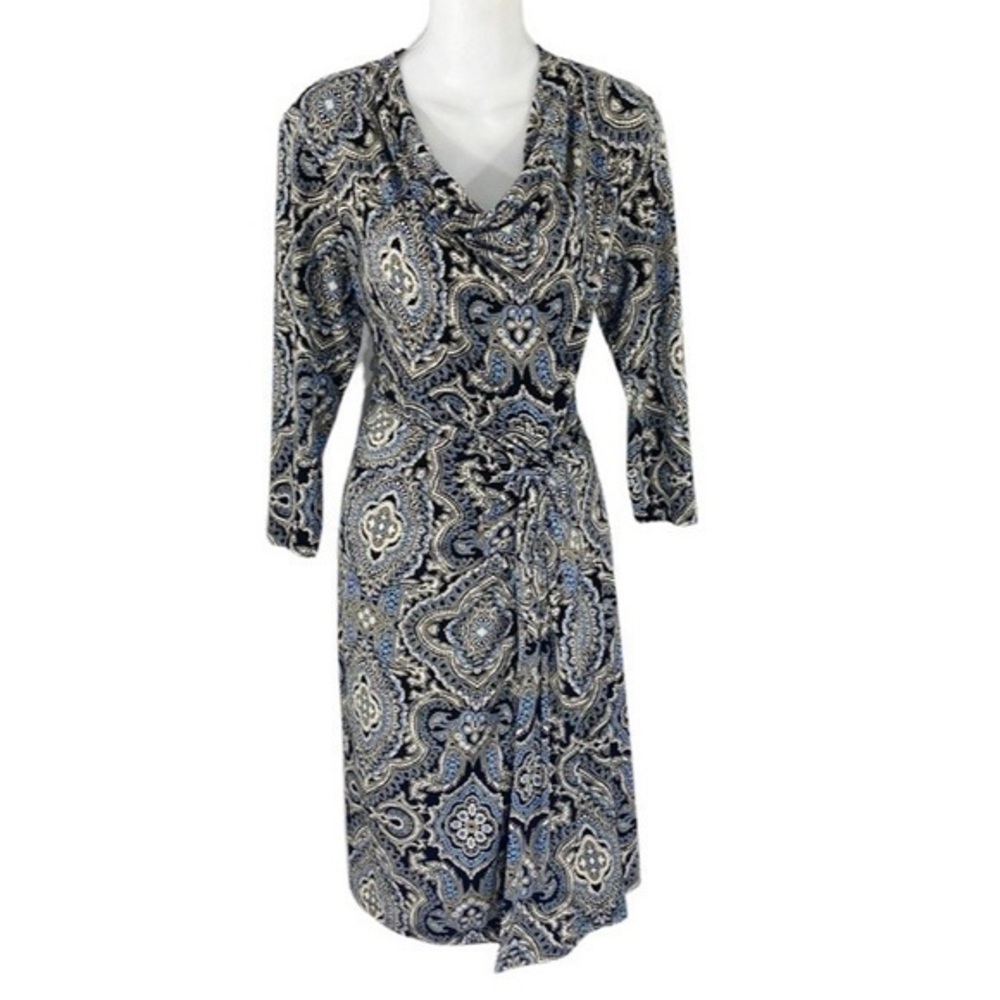 NWT Antonio Melani Taryn black ivory blue paisley print faux wrap drape dress S2